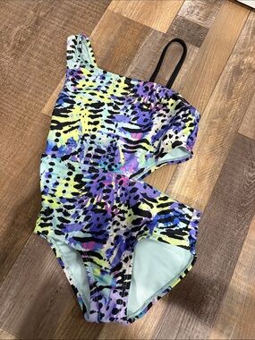 wonder nation Neon Multicolor One-Shoulder Cutout Swimwear with Black Accent